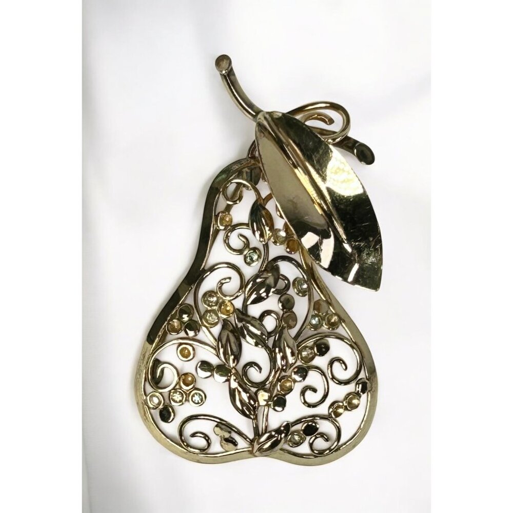 VTG REGEL 1/20 12K Gold Filled Pear Brooch 2.5" Filigree Scrollwork Leaves Fruit